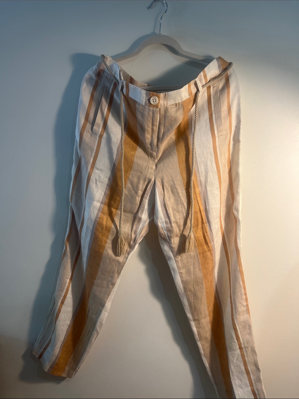Chico's Linen-Blend Striped Drawstring Chinos - White & Mustard